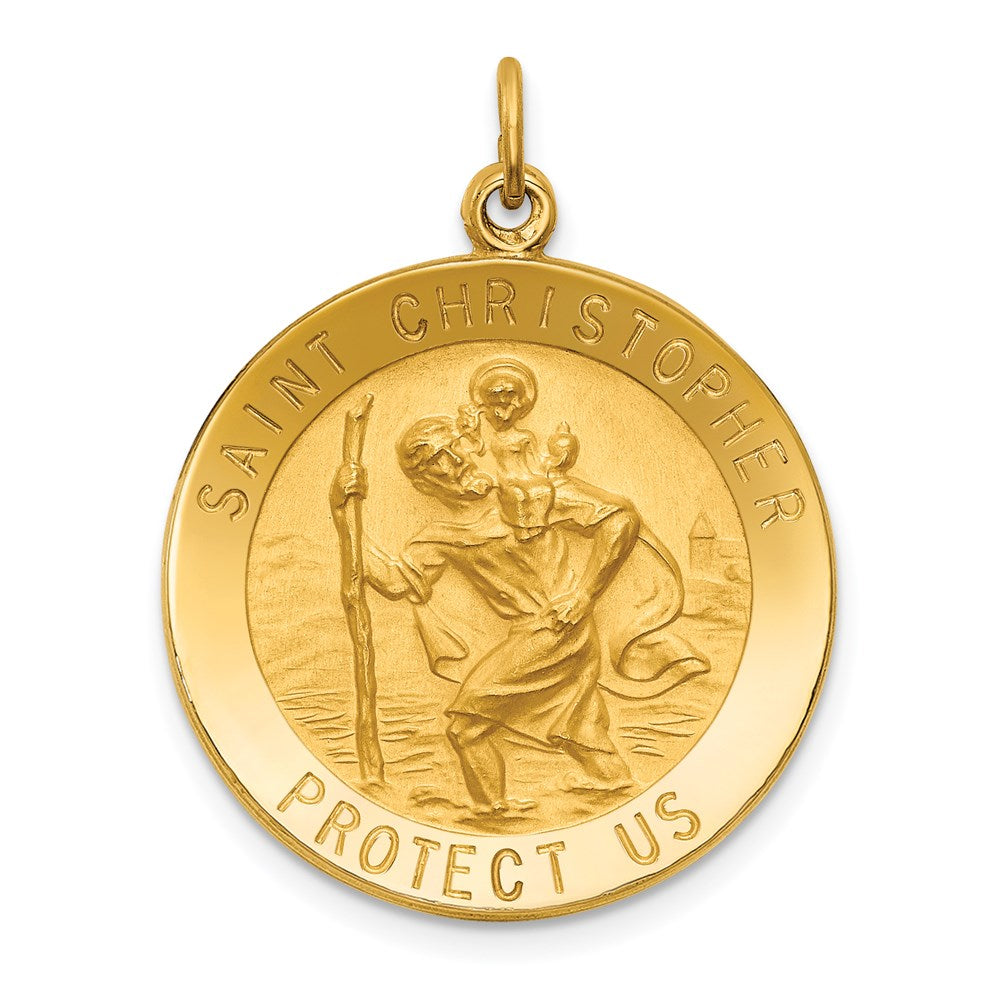 14k Yellow Gold 23.5 mm Solid Polished/Satin Medium Round St. Christopher Medal (4.17 grams)