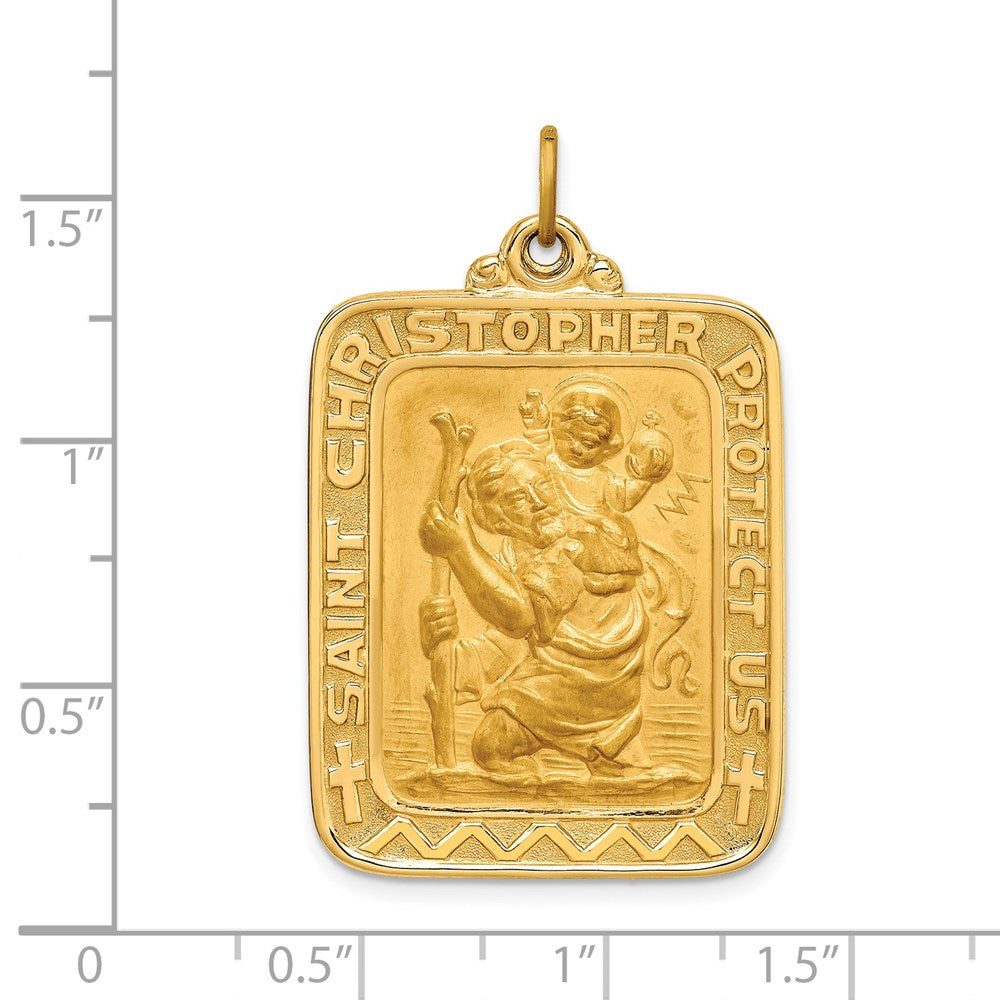 14k Yellow Gold 25 mm Solid Polished/Satin Large Rectangle St. Christopher Medal (10.1 grams)