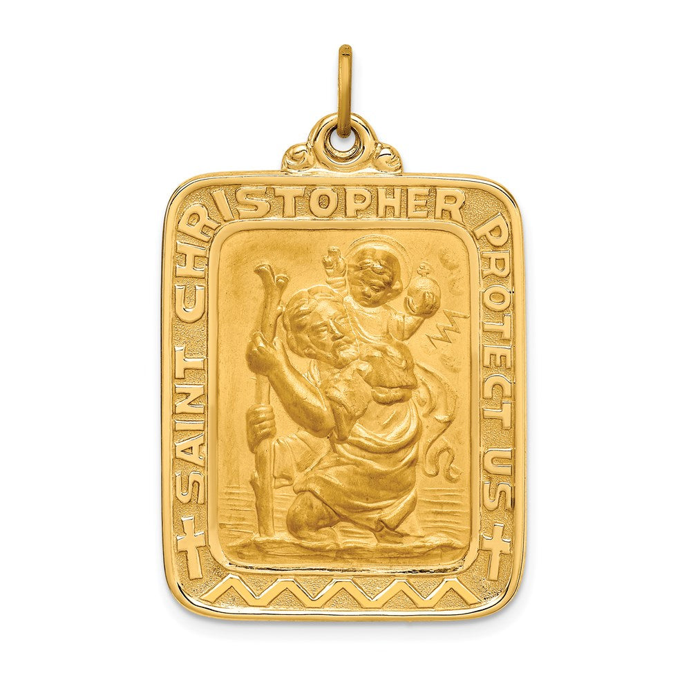 14k Yellow Gold 25 mm Solid Polished/Satin Large Rectangle St. Christopher Medal (10.1 grams)
