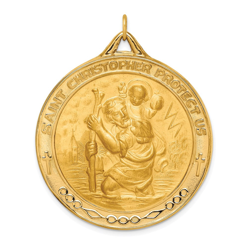 14k Yellow Gold 37 mm Solid Polished/Satin Extra Large Round St. Christopher Medal (6.37 grams)