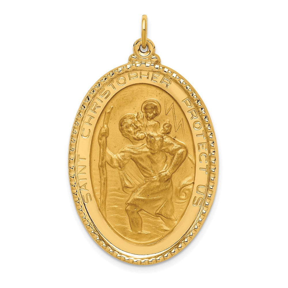 14k Yellow Gold 25 mm Solid Polished/Satin Beaded Edge St. Christopher Medal (8.61 grams)