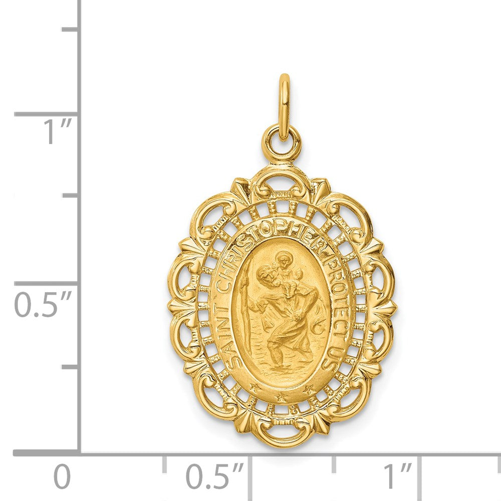 14k Yellow Gold 17.6 mm Solid Polished/Satin Medium Fancy Pierced Oval St. Christopher Medal (1.73 grams)