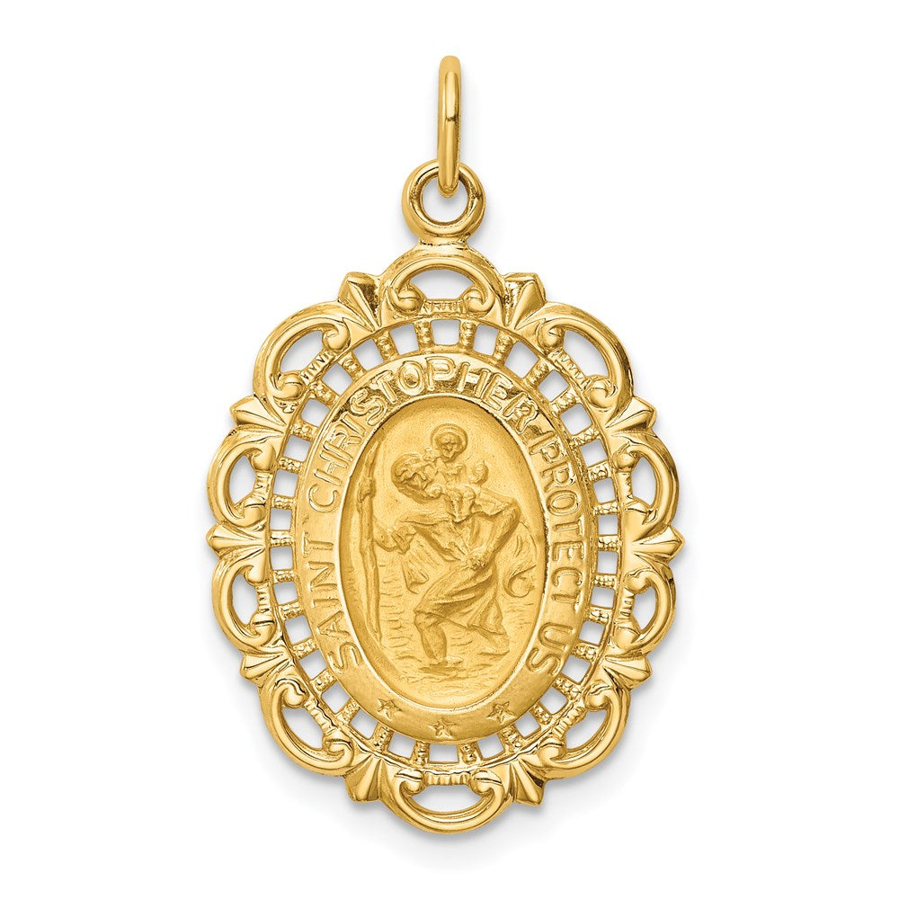 14k Yellow Gold 17.6 mm Solid Polished/Satin Medium Fancy Pierced Oval St. Christopher Medal (1.73 grams)