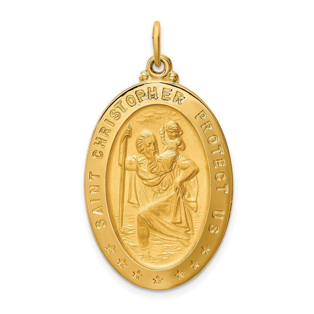 14k Yellow Gold 20.2 mm Solid Polished/Satin Large Oval St. Christopher Medal (4.61 grams)