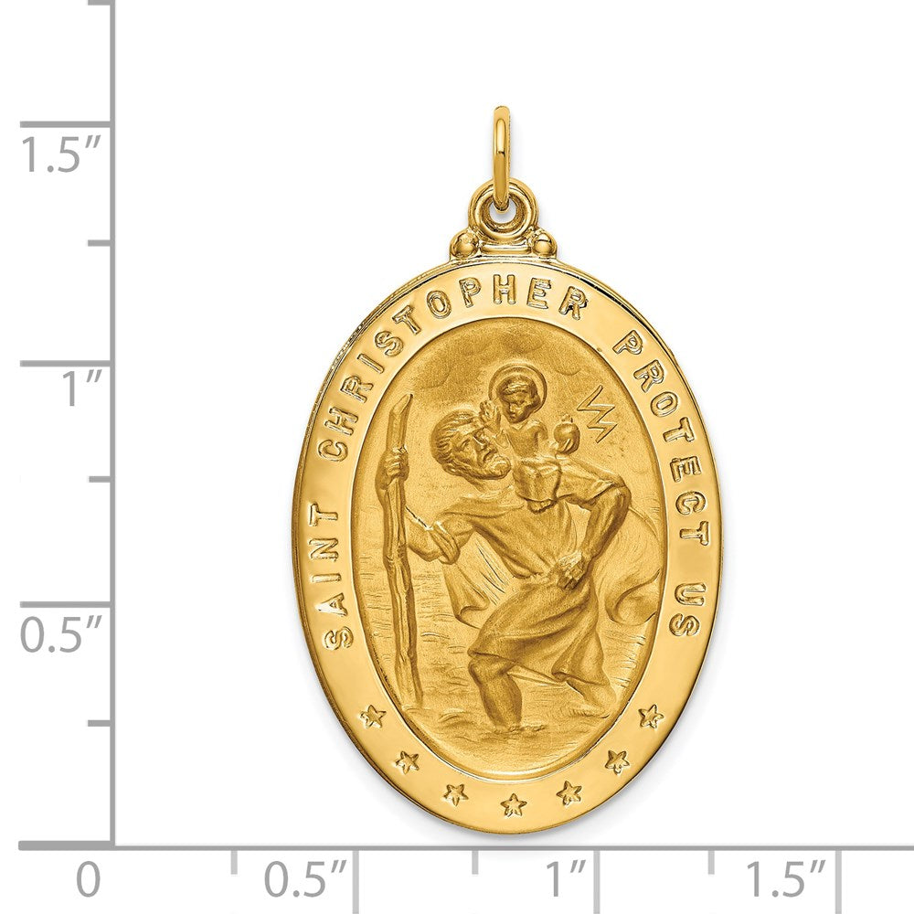 14k Yellow Gold 23 mm Solid Polished/Satin Large Oval St. Christopher Medal (6.2 grams)