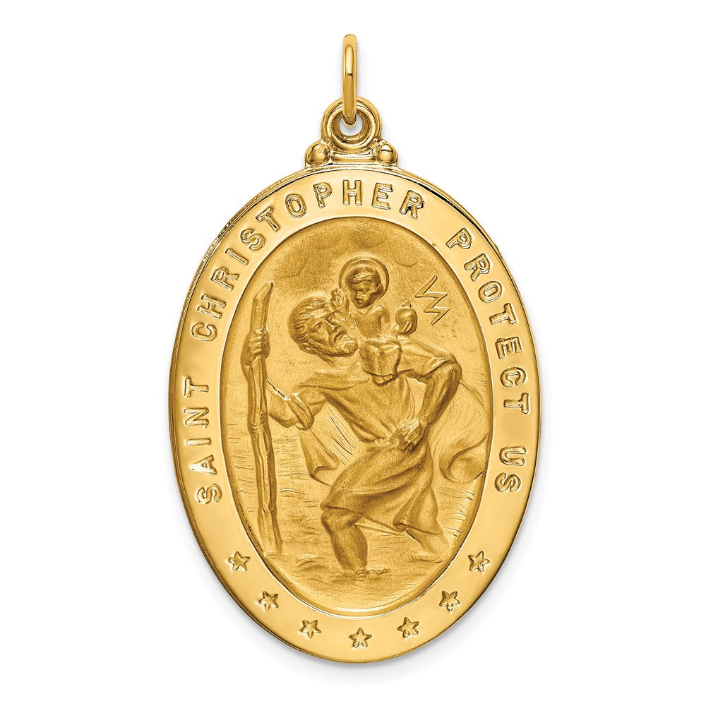 14k Yellow Gold 23 mm Solid Polished/Satin Large Oval St. Christopher Medal (6.2 grams)