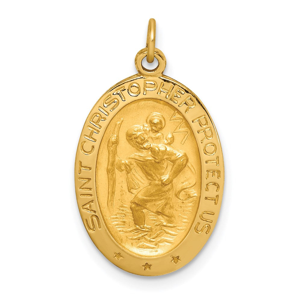 14k Yellow Gold 13.75 mm Solid Polished/Satin Small Oval St. Christopher Medal (1.62 grams)