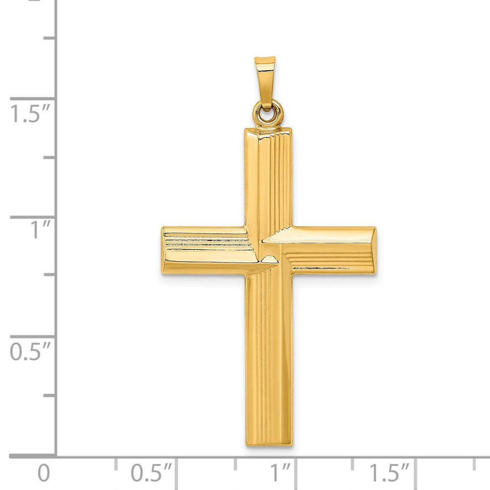 14k Yellow Gold 23.25 mm Hollow Polished Stripe Design Latin Cross (1.42 grams)