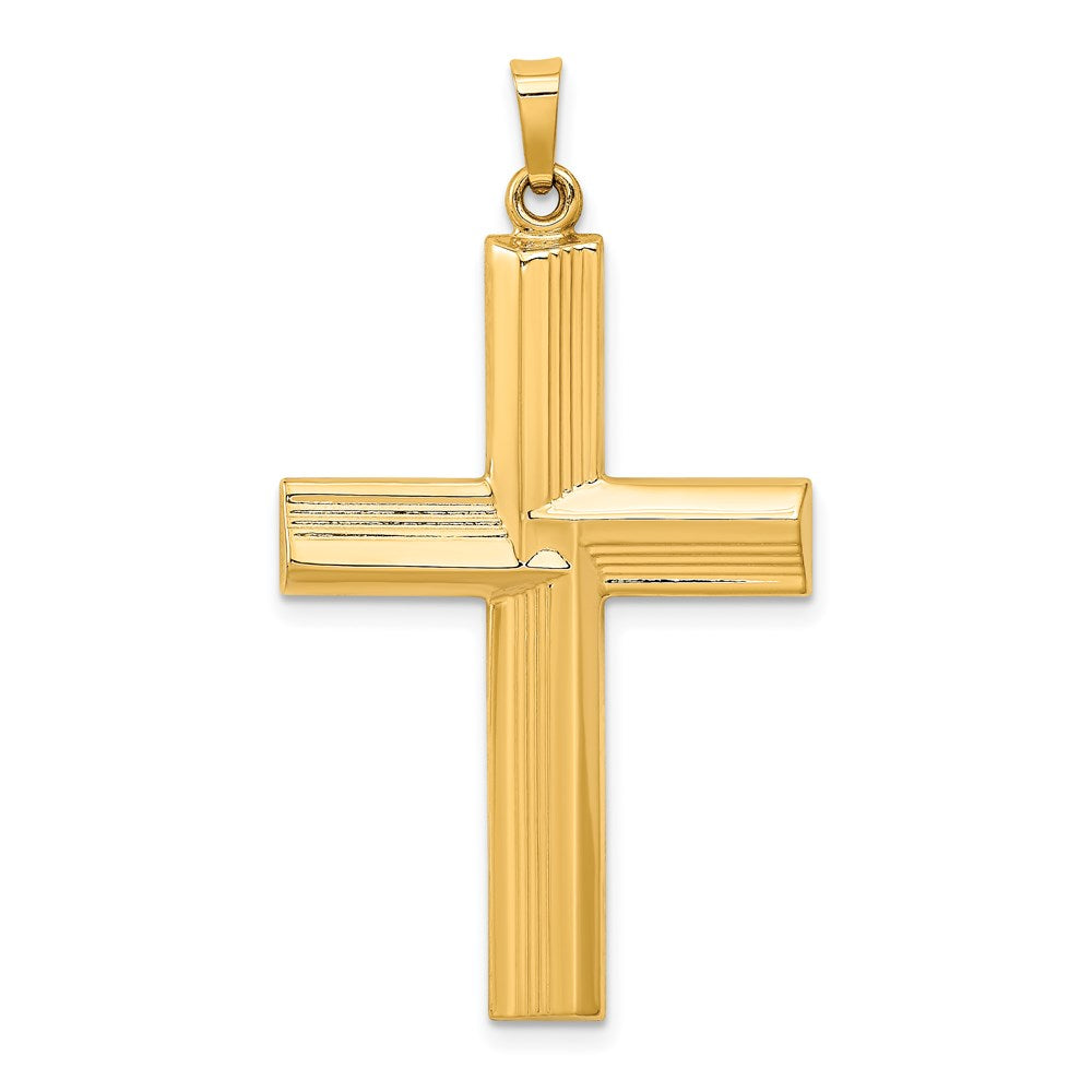 14k Yellow Gold 23.25 mm Hollow Polished Stripe Design Latin Cross (1.42 grams)