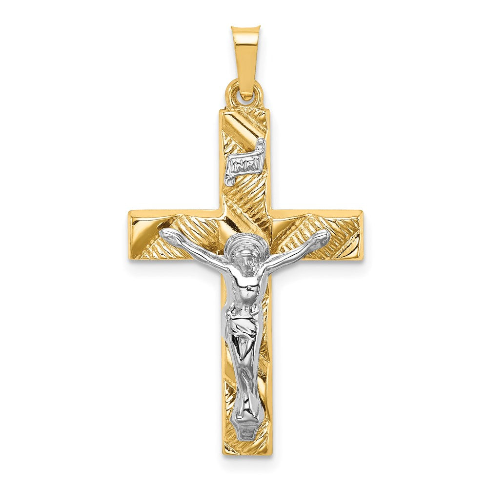 14k Two-tone 18 mm Hollow Polished Textured Latin Crucifix