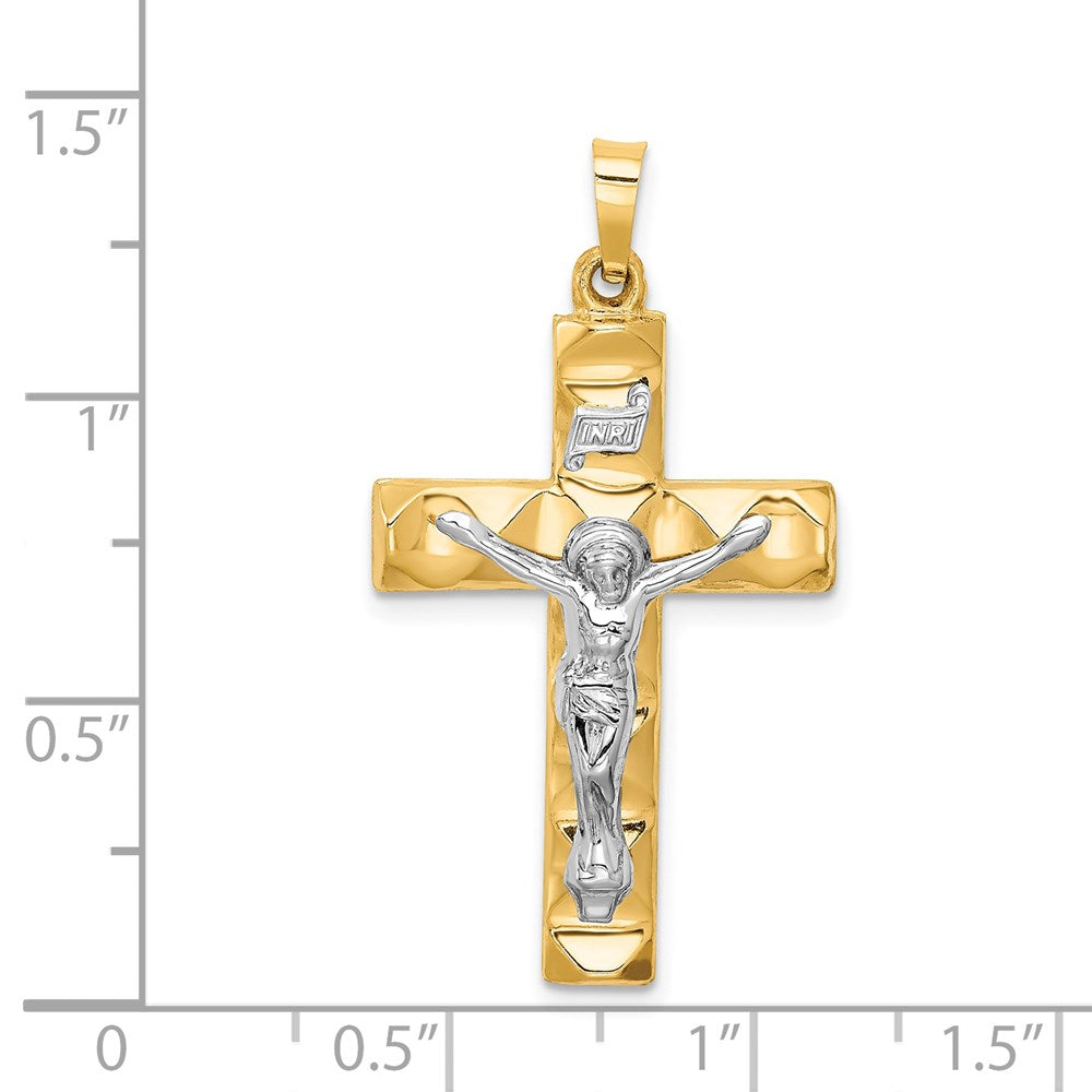 14k Two-tone 19 mm Hollow Polished Textured Latin Crucifix (1.29 grams)
