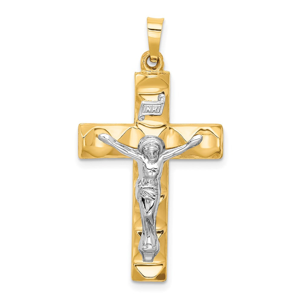 14k Two-tone 19 mm Hollow Polished Textured Latin Crucifix (1.29 grams)