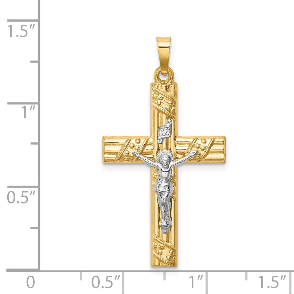 14k Two-tone 18 mm Hollow Polished Textured & Striped Latin Crucifix (1.08 grams)