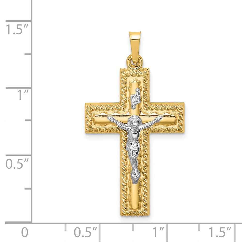 14k Two-tone 19 mm Hollow Polished Rope Edge Latin Crucifix (1.3 grams)