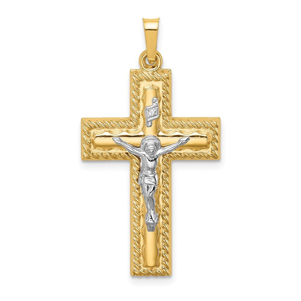 14k Two-tone 19 mm Hollow Polished Rope Edge Latin Crucifix (1.3 grams)