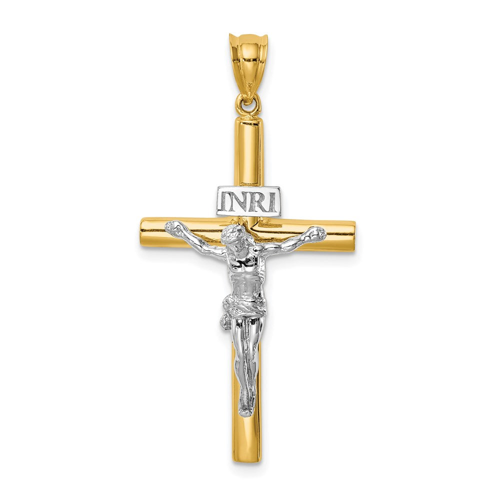 14k Two-tone 19 mm Two-tone Polished INRI Crucifix Cross Pendant (2.77 grams)