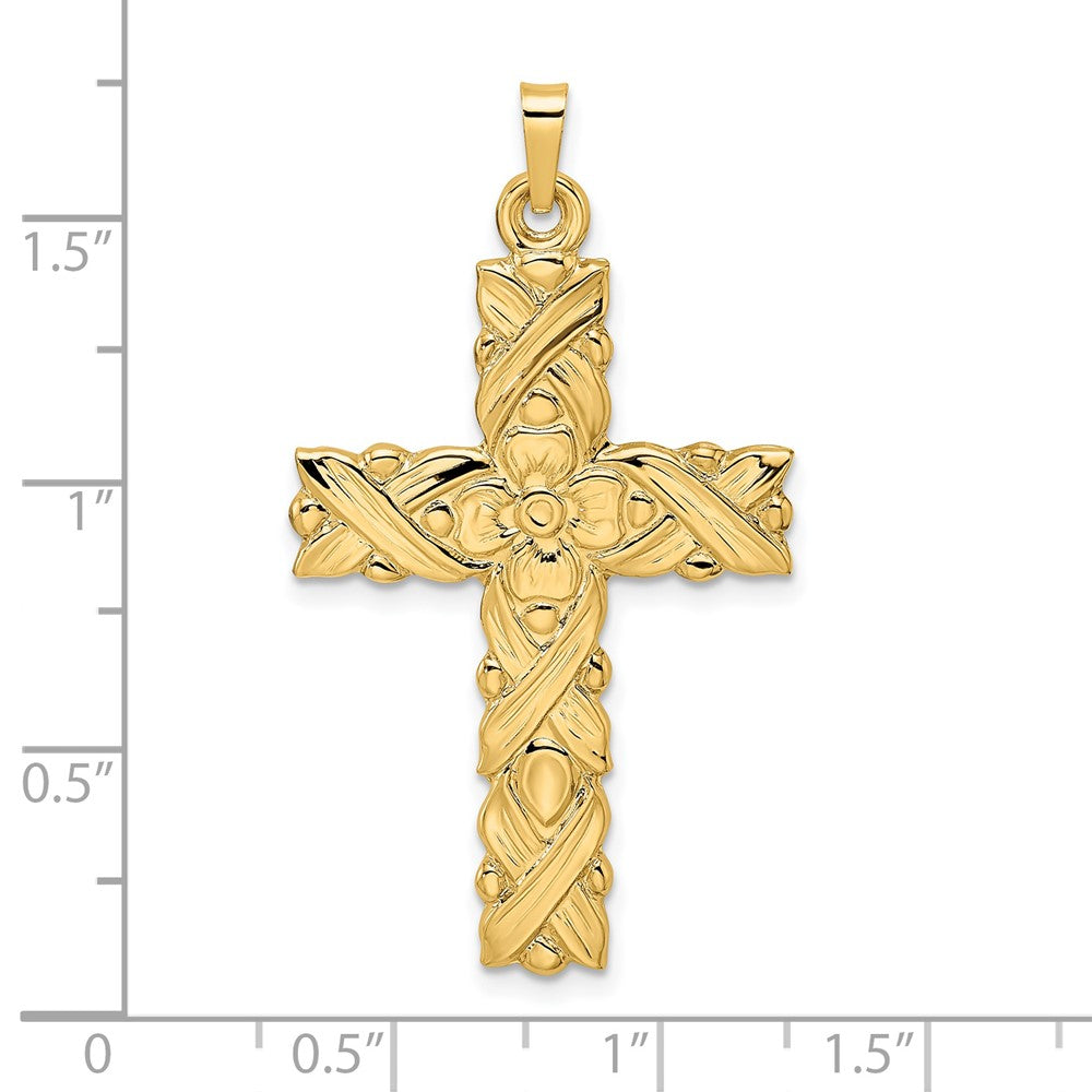 14k Yellow Gold 14.55 mm Polished and Textured Floral Solid Cross Pendant (3.52 grams)