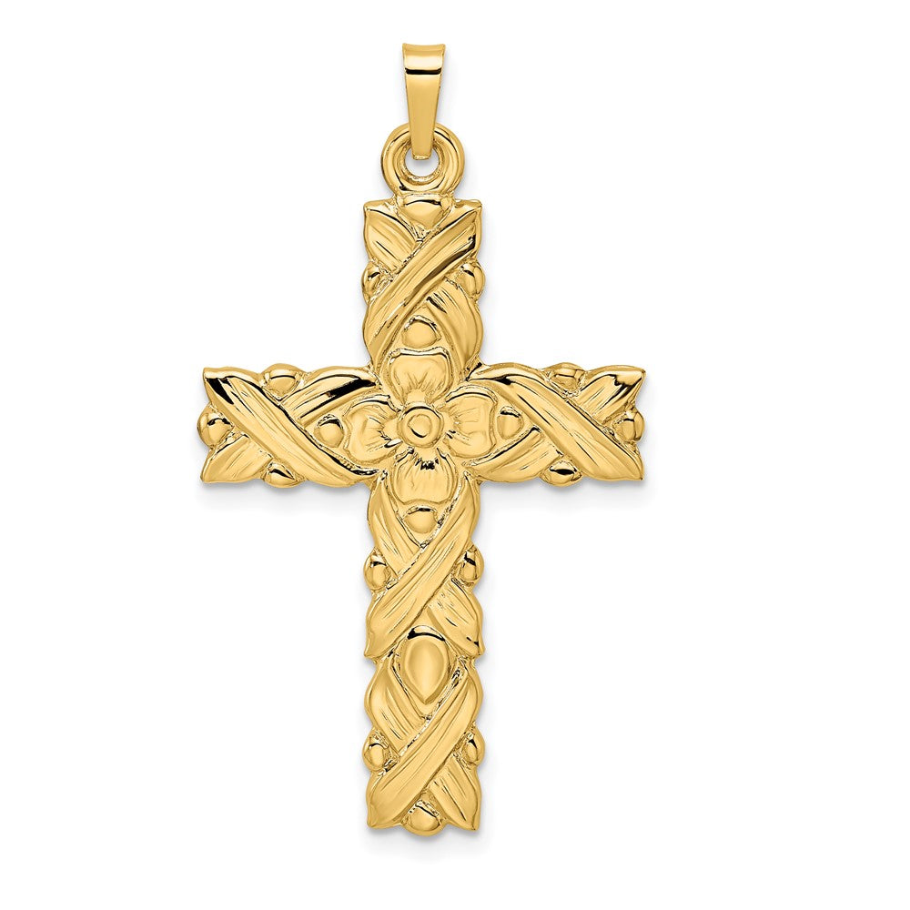 14k Yellow Gold 14.55 mm Polished and Textured Floral Solid Cross Pendant (3.52 grams)