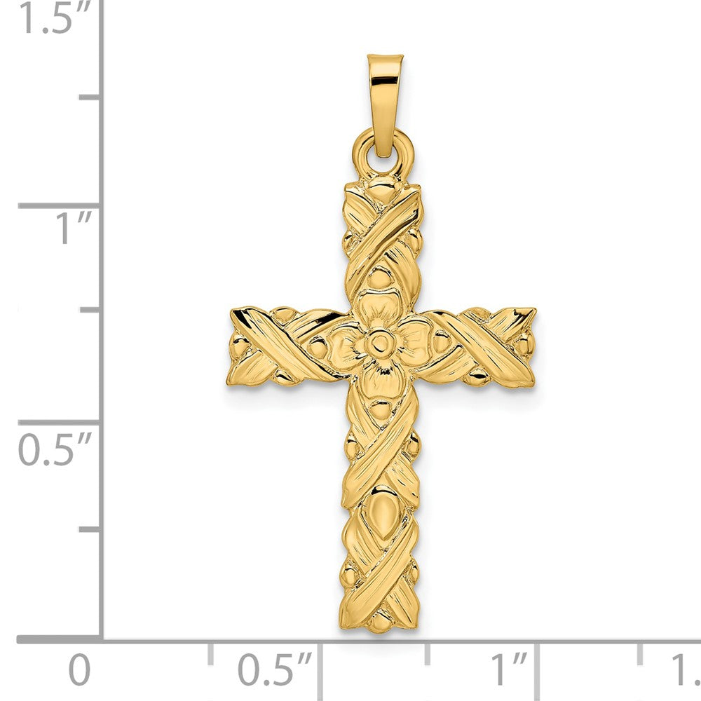 14k Yellow Gold 17.62 mm Polished and Textured Solid Floral Cross Pendant (1.93 grams)