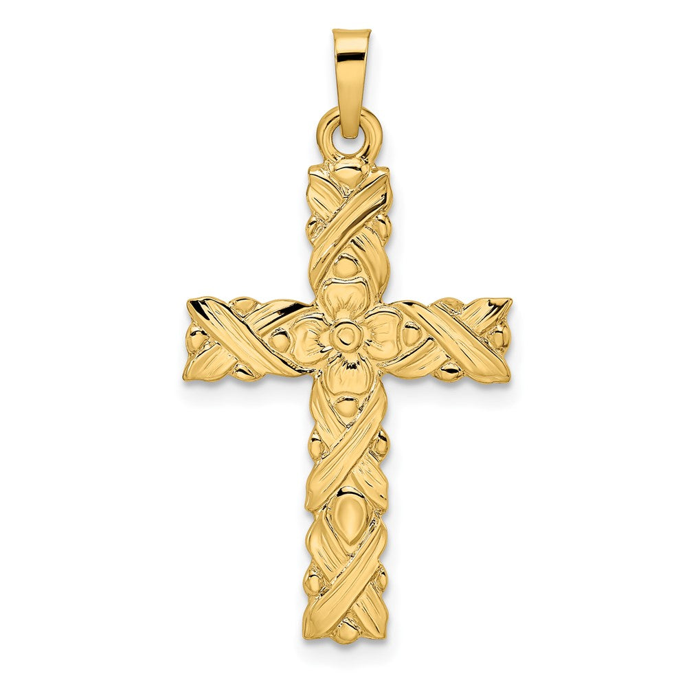 14k Yellow Gold 17.62 mm Polished and Textured Solid Floral Cross Pendant (1.93 grams)