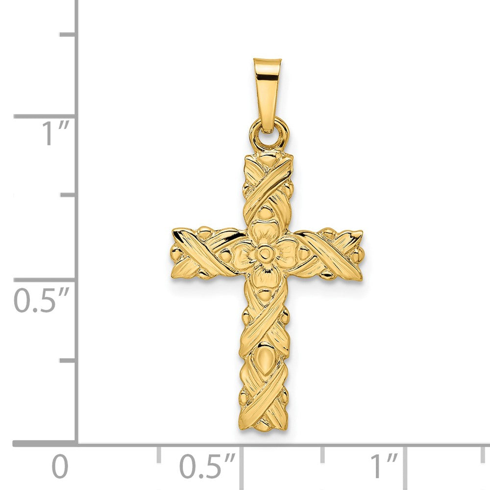 14k Yellow Gold 15.1 mm Polished and Textured Solid Floral Cross Pendant (1.14 grams)