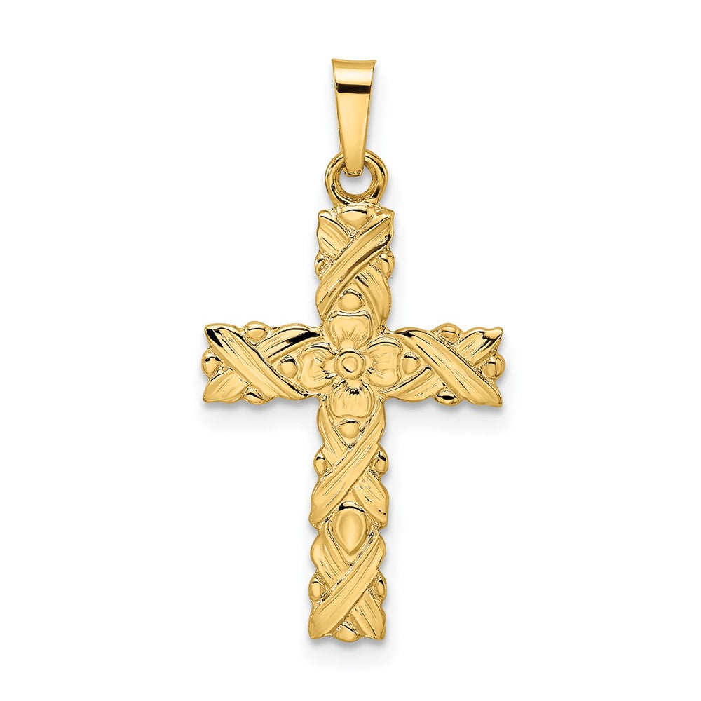 14k Yellow Gold 15.1 mm Polished and Textured Solid Floral Cross Pendant
