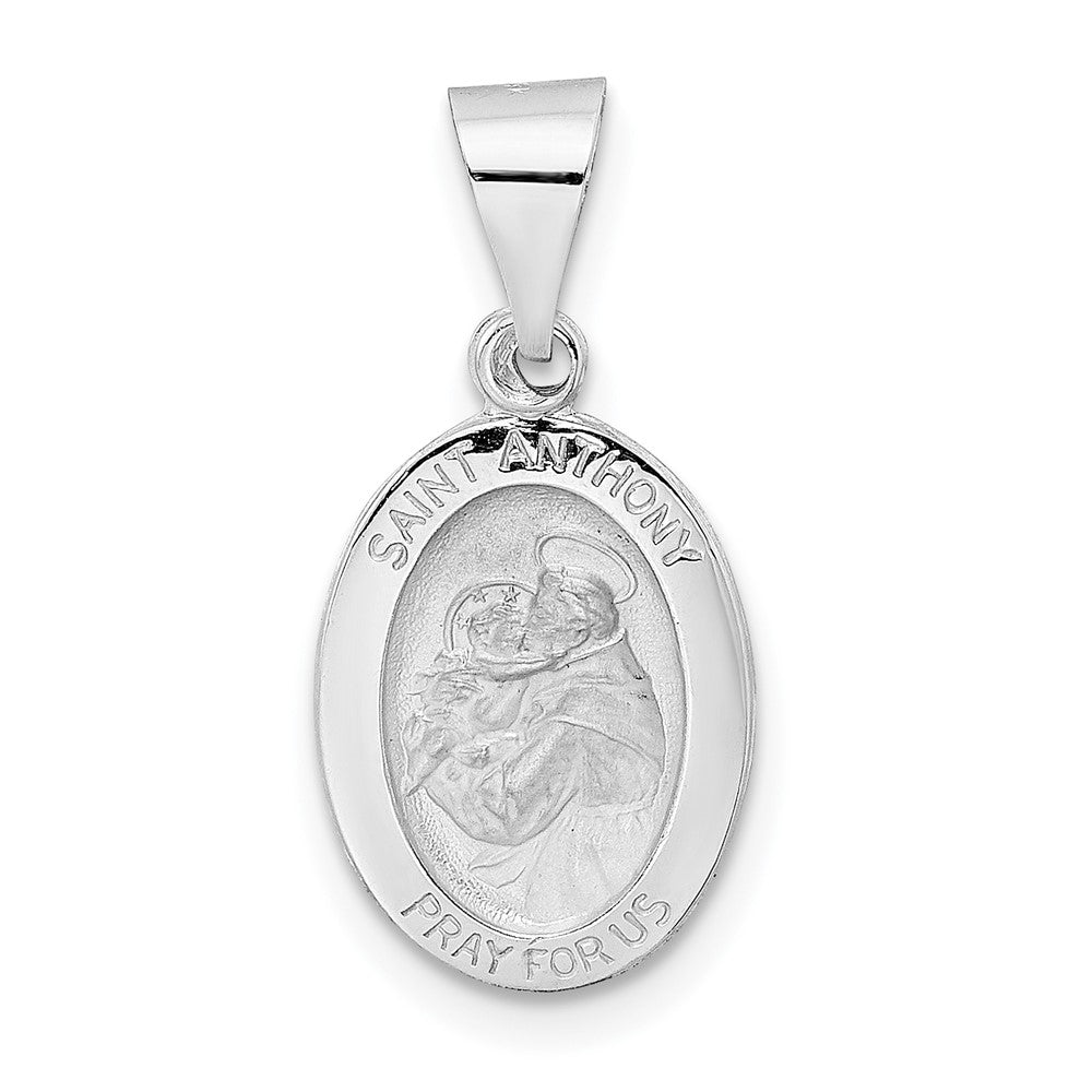 14k White Gold 11 mm Polished and Satin Hollow Oval St Anthony Medal Pendant (0.72 grams)