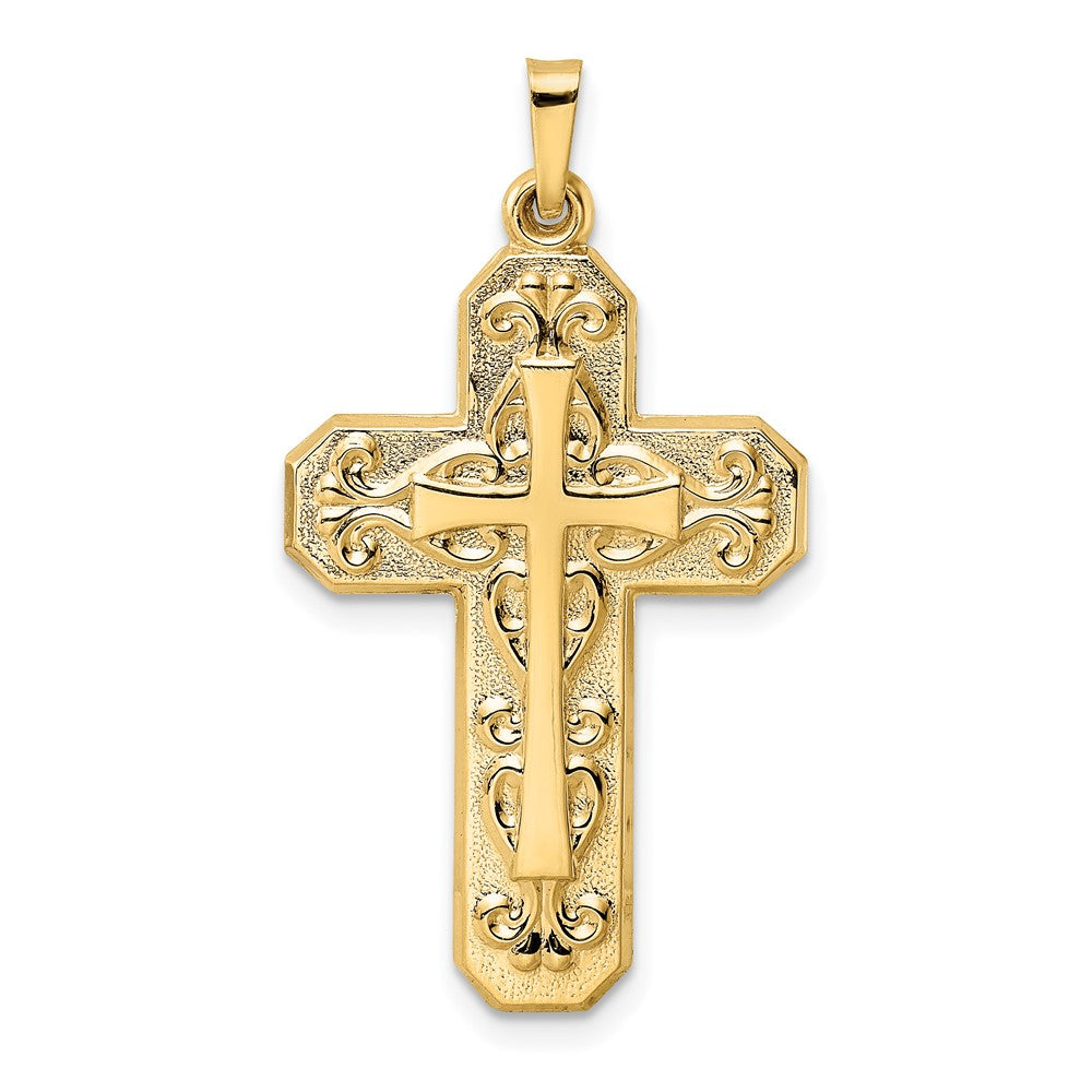 14k Yellow Gold 20.06 mm Polished and Textured Hollow Scroll Design Double Cross Pendant (1.36 grams)