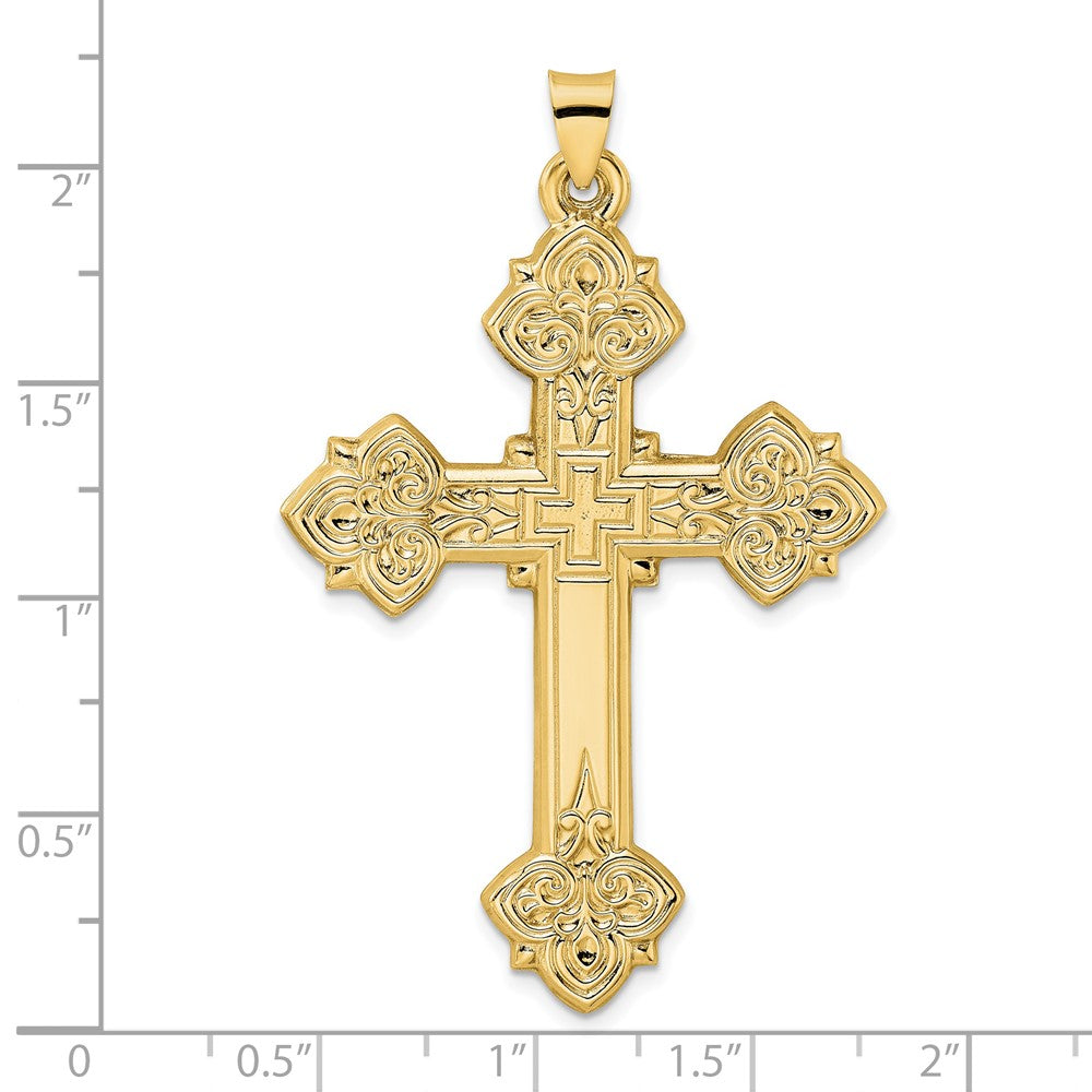 14k Yellow Gold 36.25 mm Polished Hollow Fancy Fleur de Lis Cross Pendant (3.62 grams)
