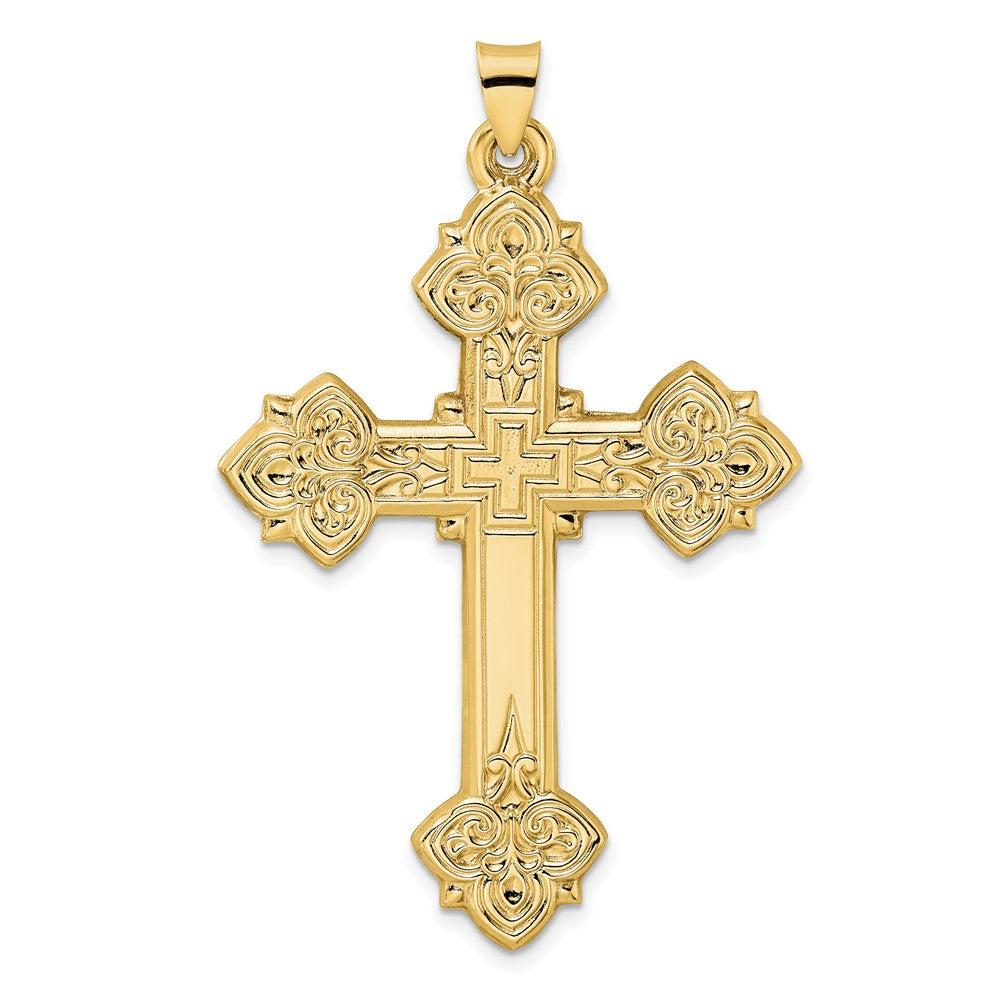 14k Yellow Gold 36.25 mm Polished Hollow Fancy Fleur de Lis Cross Pendant (3.62 grams)