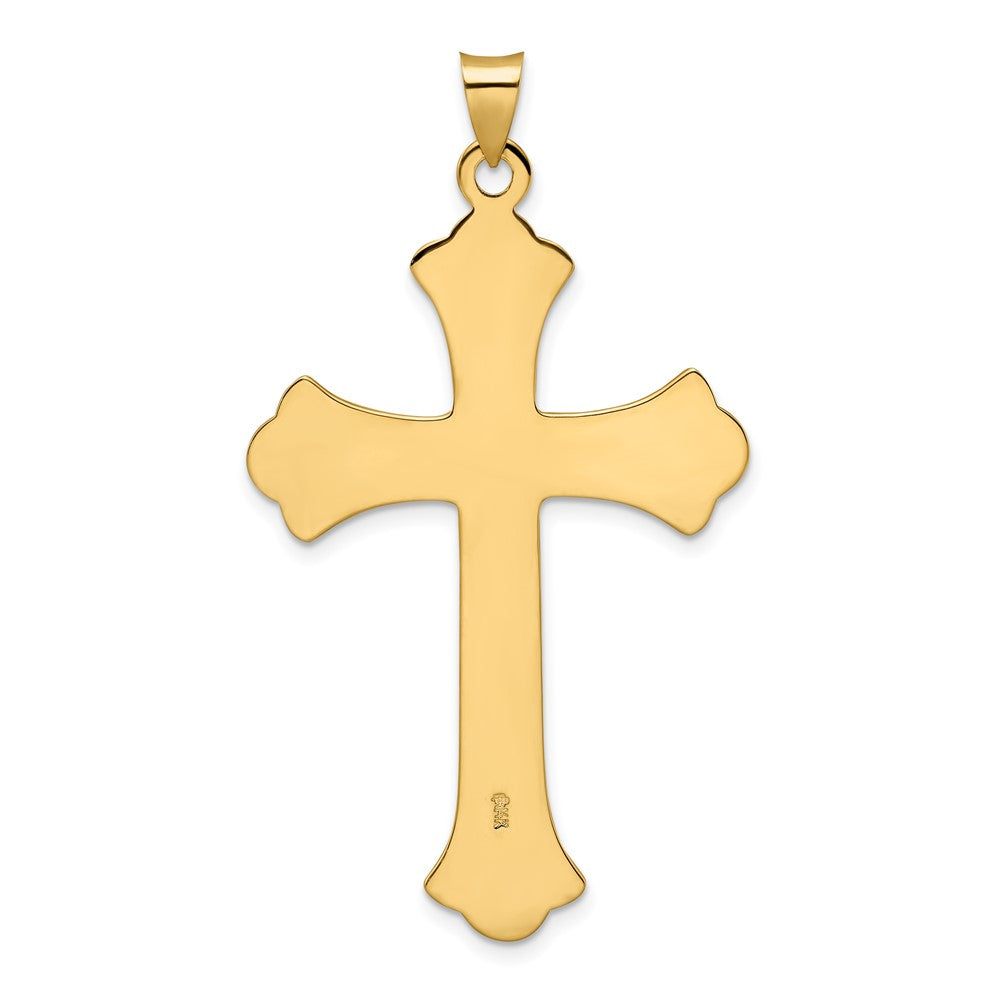 14k Yellow Gold 31.11 mm Polished and Textured Solid Fleur de Lis Cross Pendant (5.68 grams)