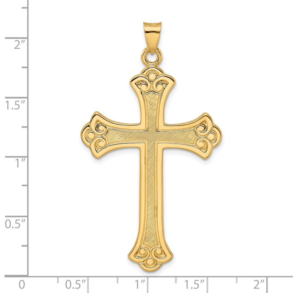 14k Yellow Gold 31.11 mm Polished and Textured Solid Fleur de Lis Cross Pendant (5.68 grams)