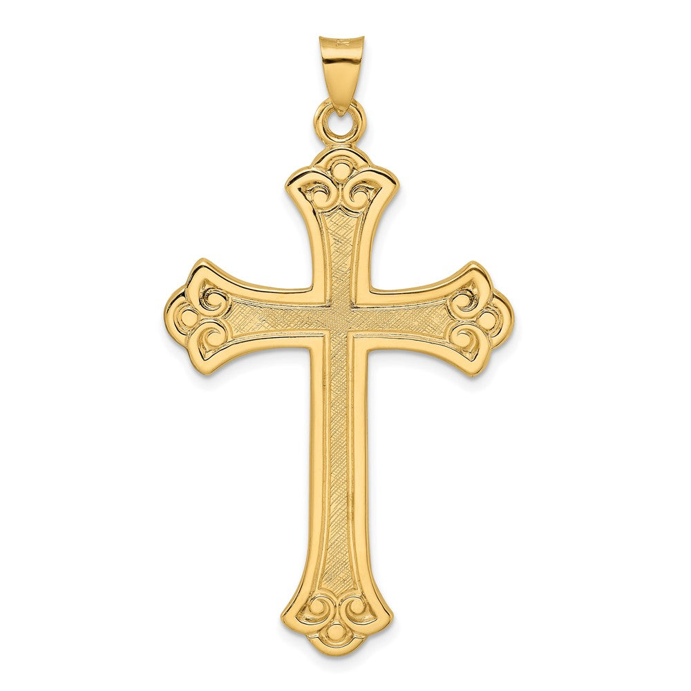 14k Yellow Gold 31.11 mm Polished and Textured Solid Fleur de Lis Cross Pendant (5.68 grams)