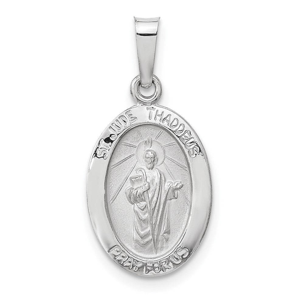 14k White Gold 11 mm Polished and Satin Hollow Oval St Jude Thaddeus Medal (0.67 grams)