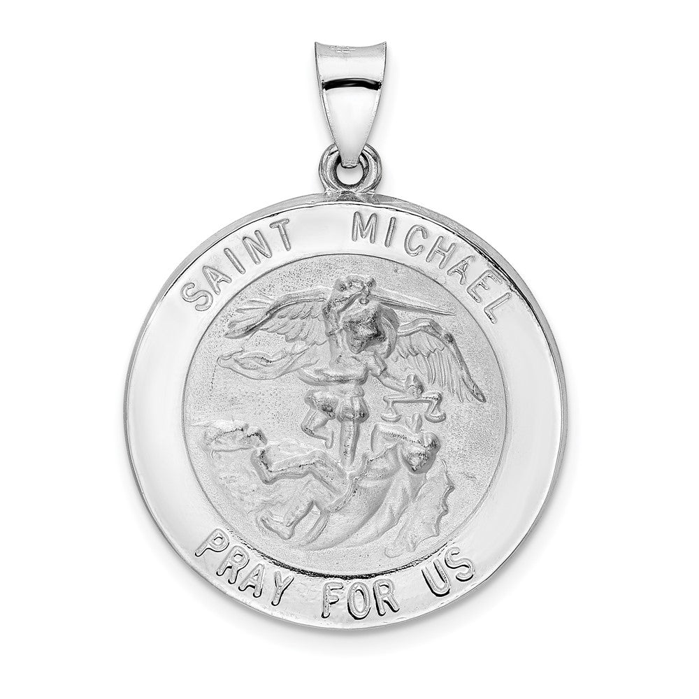 14k White Gold 25.05 mm Polished and Satin Hollow St Michael Medal Pendant (2.57 grams)