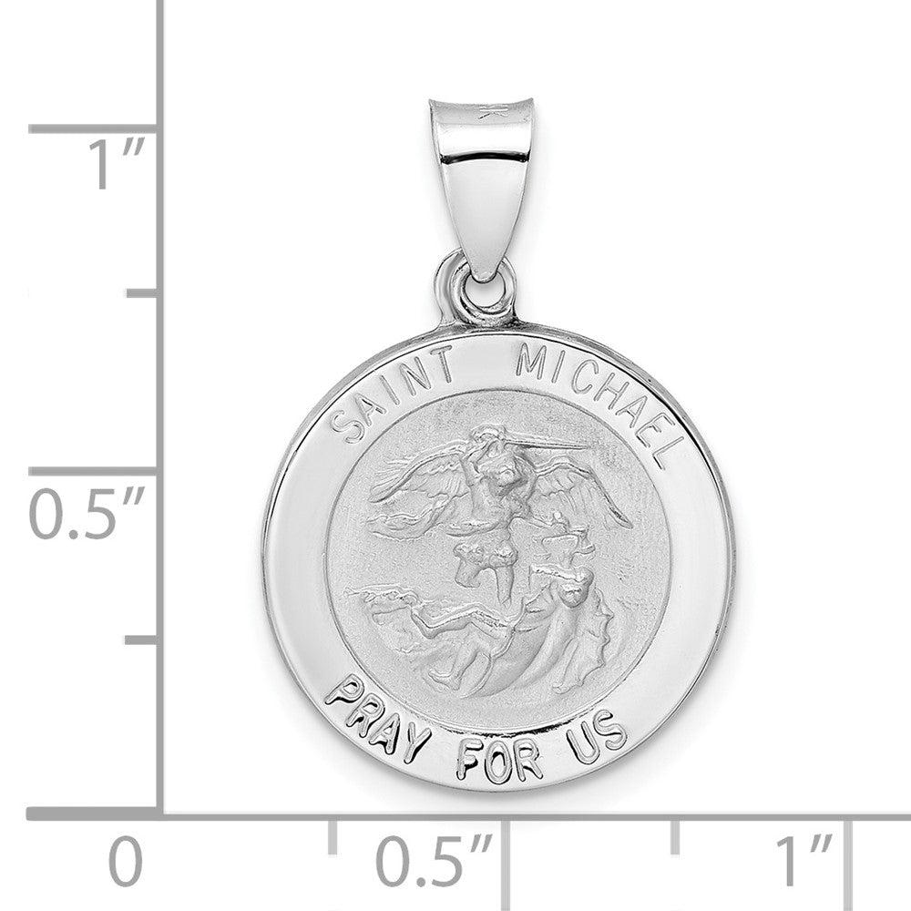 14k White Gold 18.3 mm Polished and Satin Hollow St Michael Medal Pendant (1.45 grams)