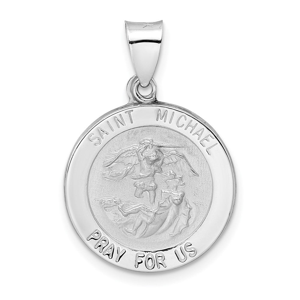 14k White Gold 18.3 mm Polished and Satin Hollow St Michael Medal Pendant (1.45 grams)