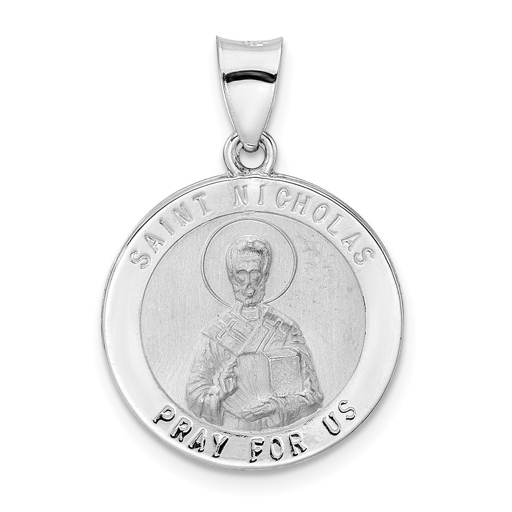 14k White Gold 19 mm Polished and Satin Hollow St Nicholas Medal Pendant (1.35 grams)