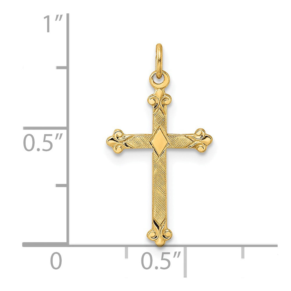 14k Yellow Gold 11.85 mm Polished and Textured Solid Diamond Shape Cross Pendant (0.33 grams)