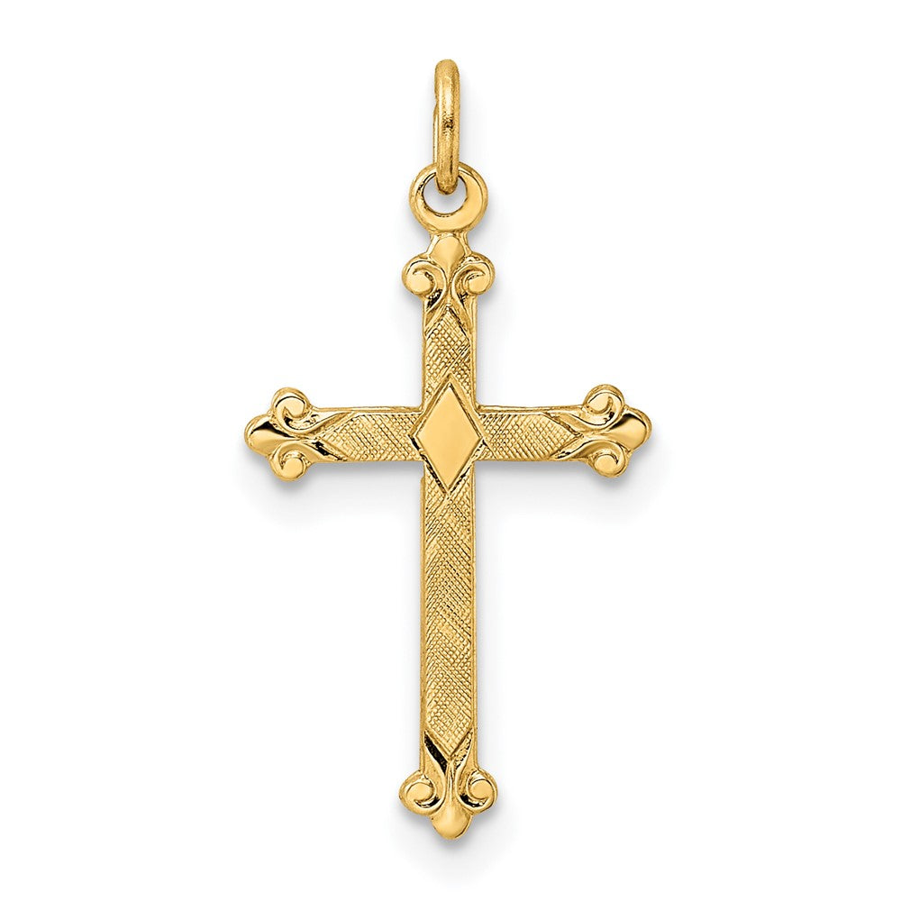 14k Yellow Gold 11.85 mm Polished and Textured Solid Diamond Shape Cross Pendant (0.33 grams)