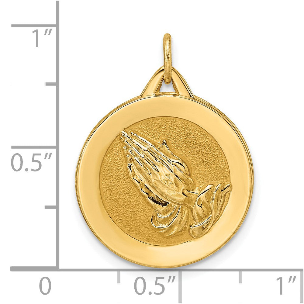 14k Yellow Gold 18.54 mm Polished and Satin Solid Praying Hands Disc Pendant (3.22 grams)