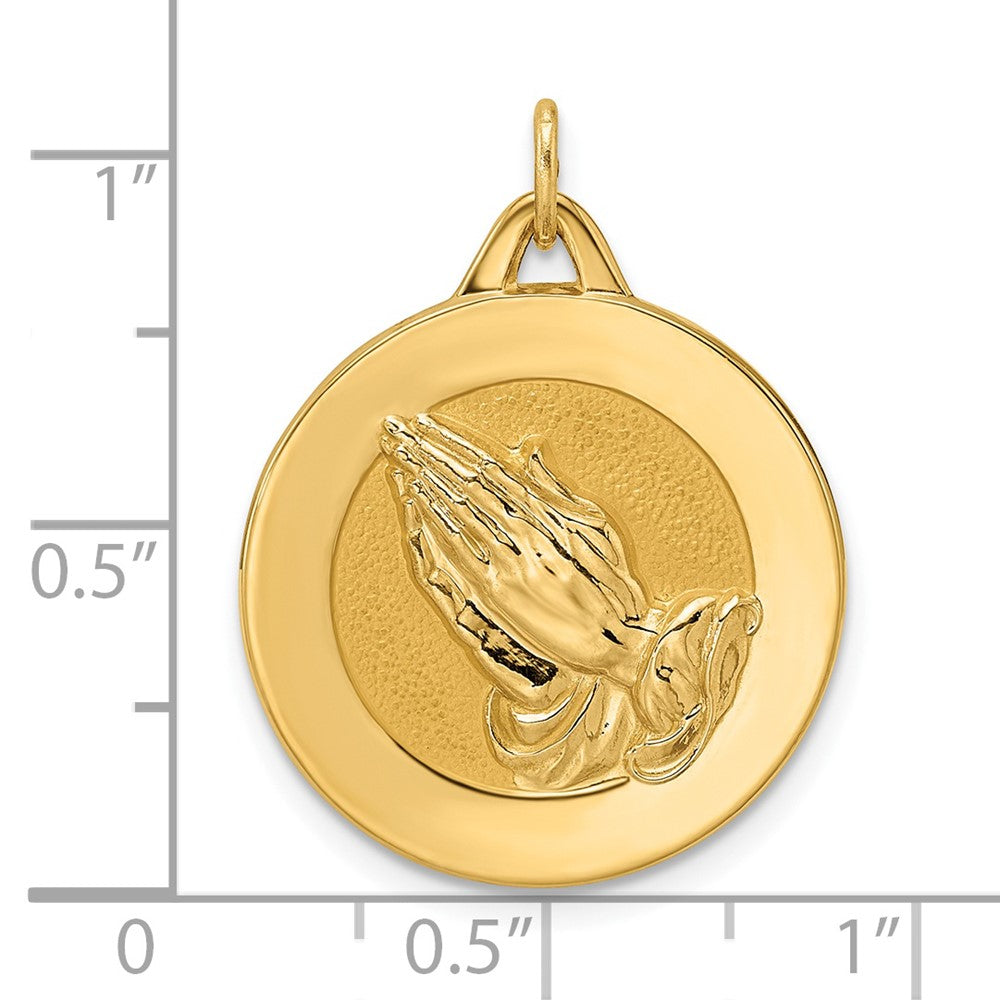 14k Yellow Gold 20.7 mm Polished and Satin Solid Praying Hands Disc Pendant (4.02 grams)