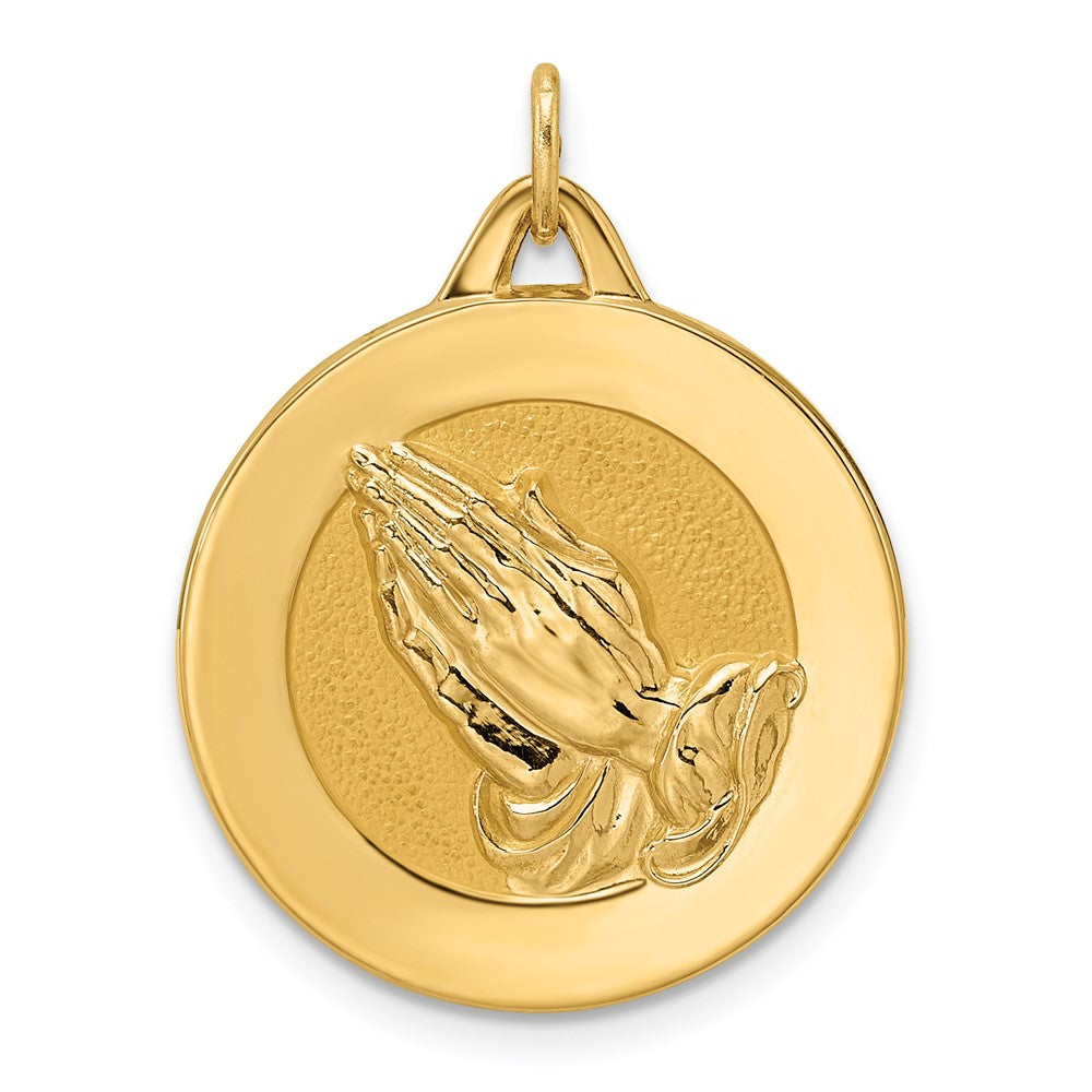 14k Yellow Gold 20.7 mm Polished and Satin Solid Praying Hands Disc Pendant (4.02 grams)