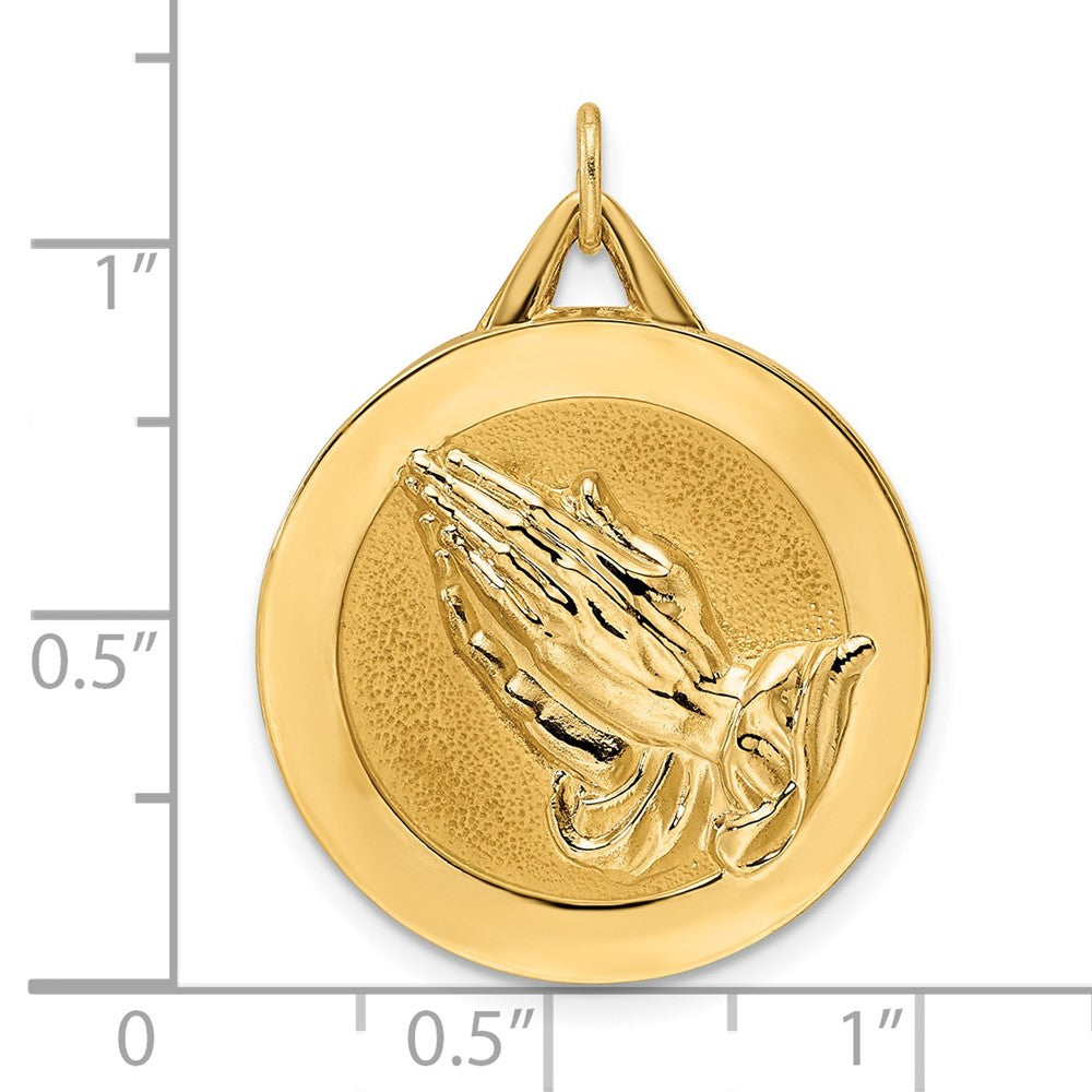 14k Yellow Gold 23.24 mm Polished and Satin Solid Praying Hands Disc Pendant (5.18 grams)