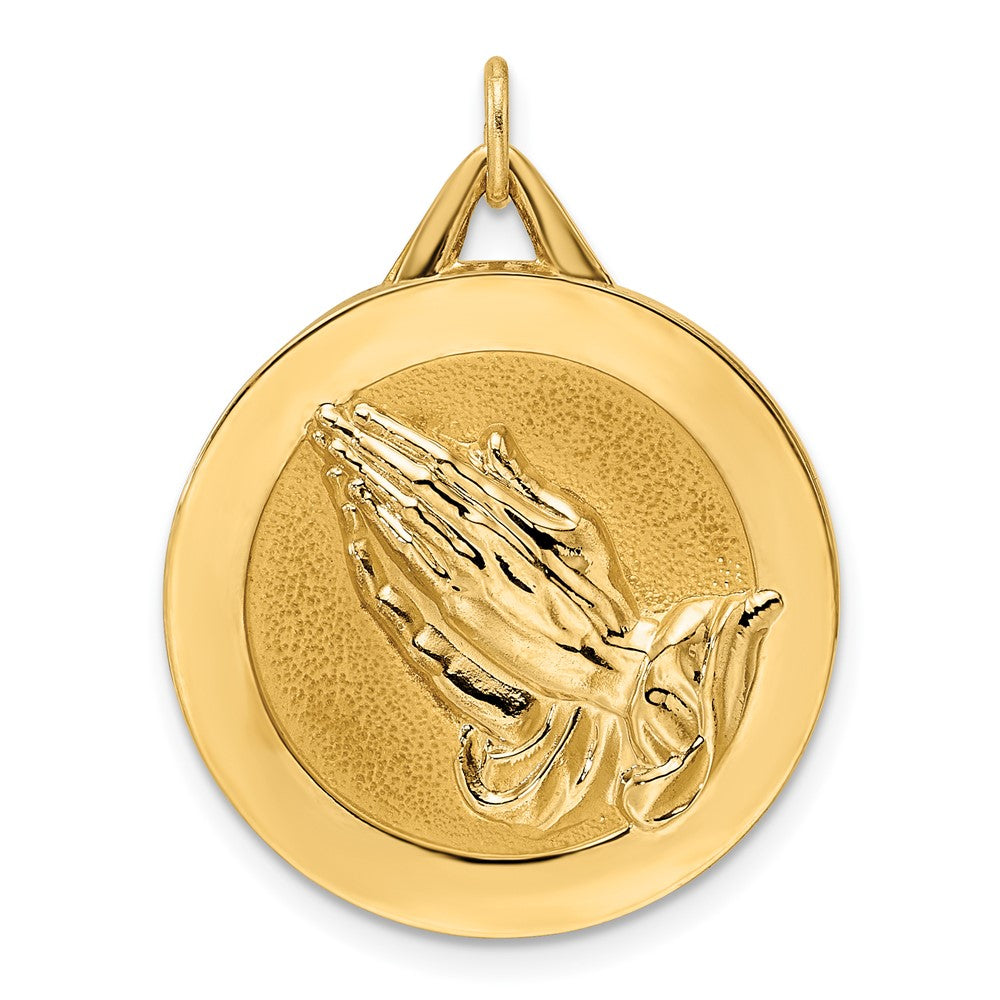 14k Yellow Gold 23.24 mm Polished and Satin Solid Praying Hands Disc Pendant (5.18 grams)