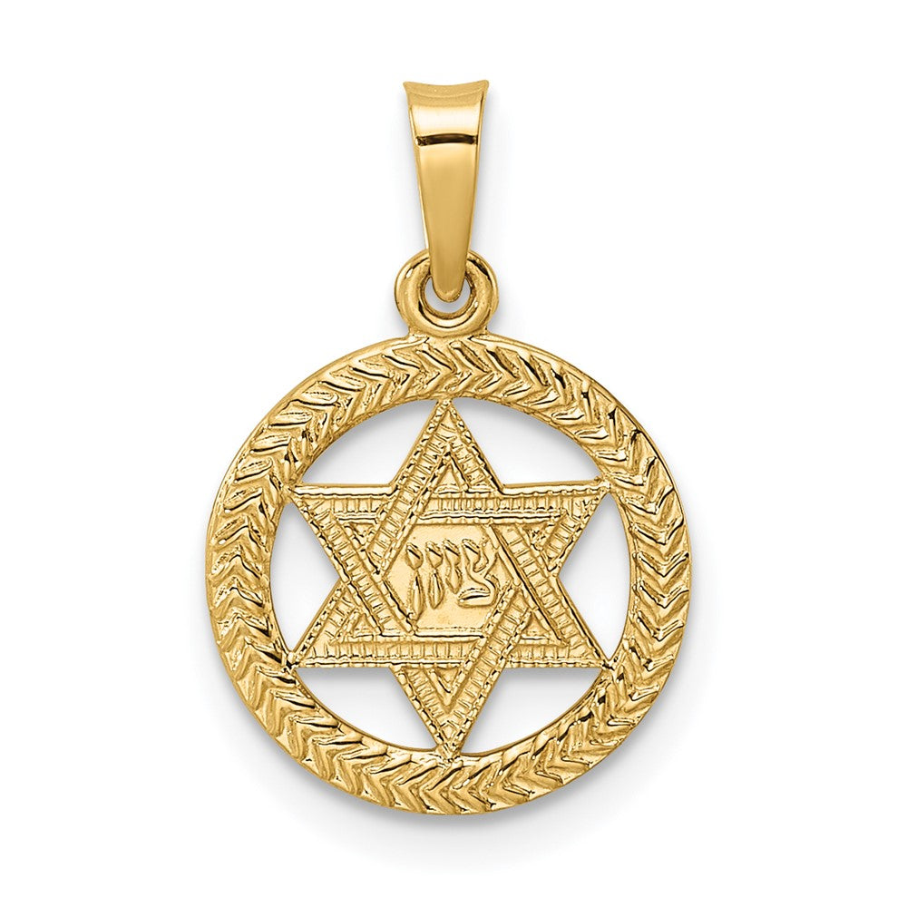 14k Yellow Gold 12.85 mm Polished and Textured Solid Star of David in Frame Pendant (0.82 grams)