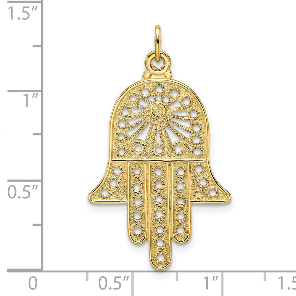 14k Yellow Gold 20.5 mm Polished Solid Filigree Hamsa Pendant (1.55 grams)