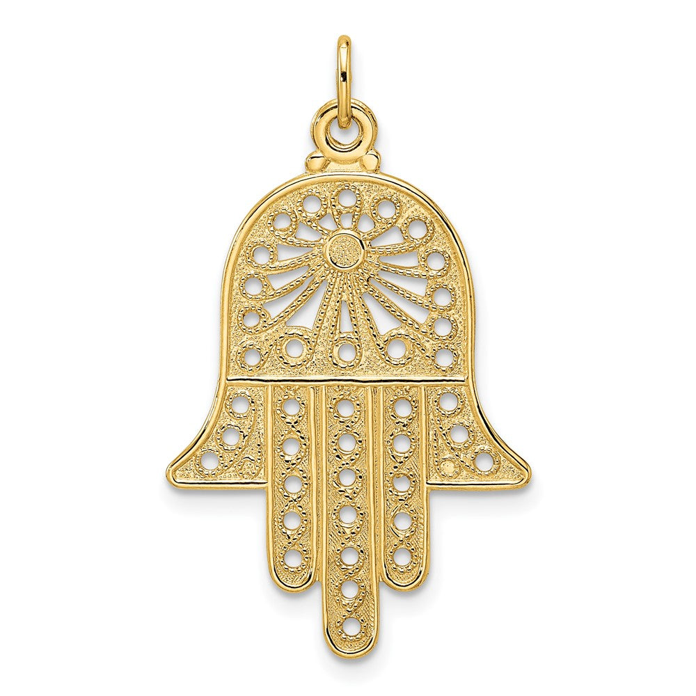 14k Yellow Gold 20.5 mm Polished Solid Filigree Hamsa Pendant (1.55 grams)