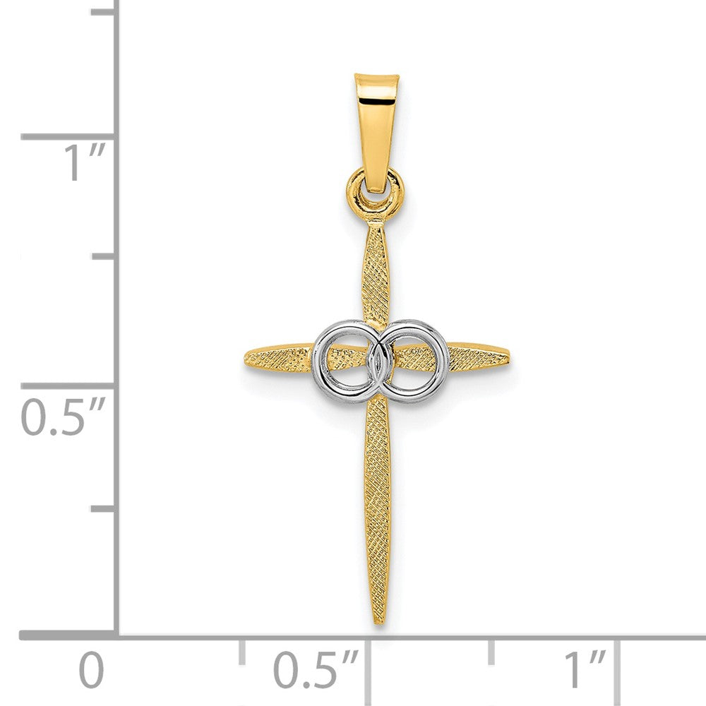 14k Two-tone 13.53 mm Polished and Satin Solid Double Ring Cross Pendant (1.09 grams)
