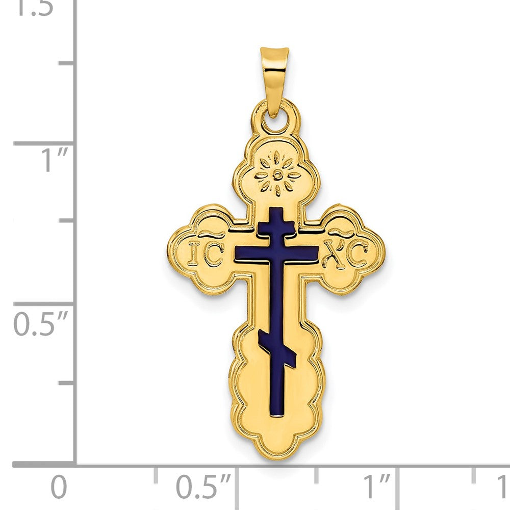 14k Yellow Gold 17.43 mm Polished Eastern Orthodox Blue Enamel Solid Cross Pendant (2.12 grams)